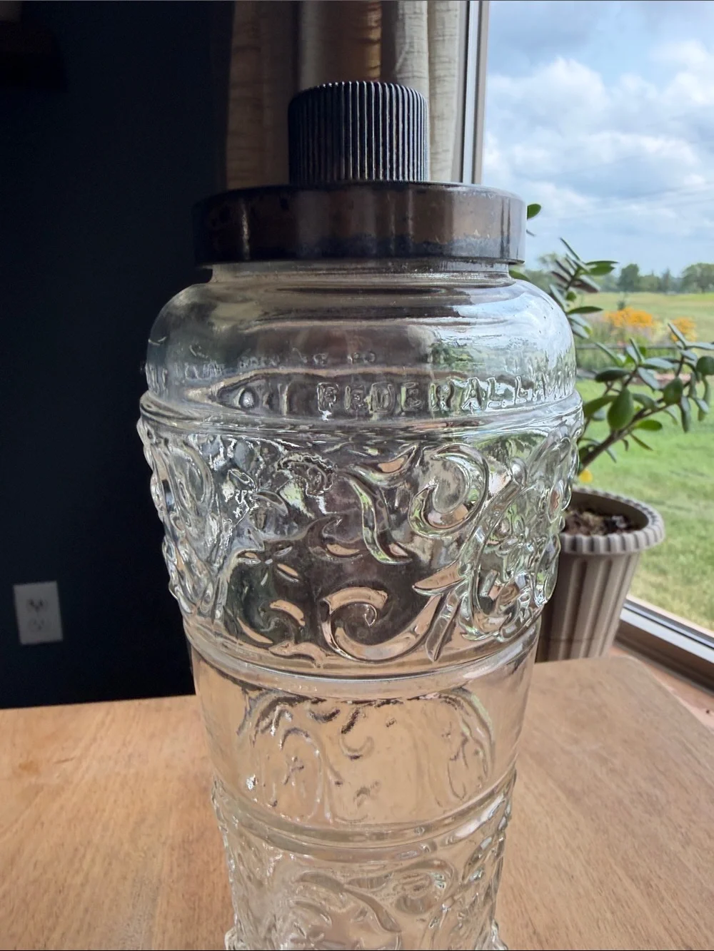 Vintage 1950s Clear Embossed Glass Cocktail Shaker with Dark Metal Lid